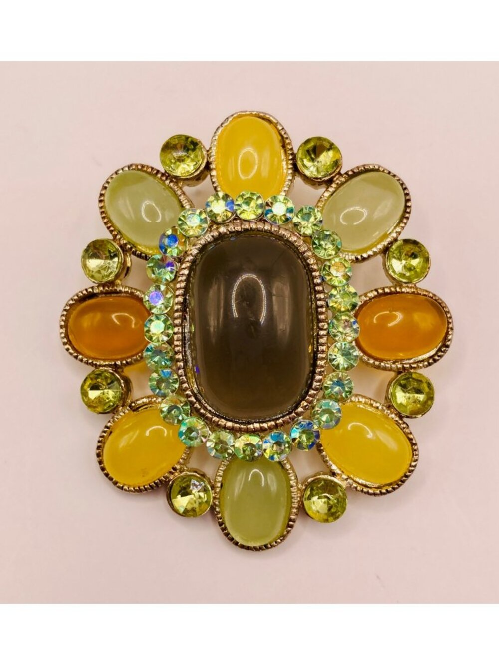 Vintage Cabochon Rhinestone Oval Brooch Pin Green Yellow Accents -5B